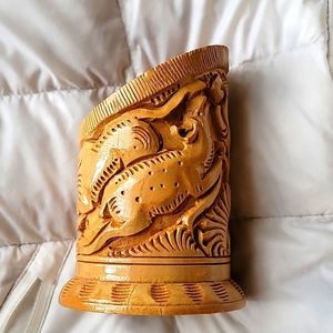 Wood-carved pen holder from India